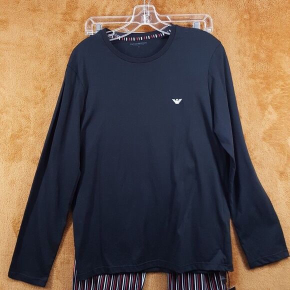 EMPORIO ARMANI Sleepwear Mens Medium Black Stripe Pajama PJs Set Cotton $155 - Picture 2 of 10